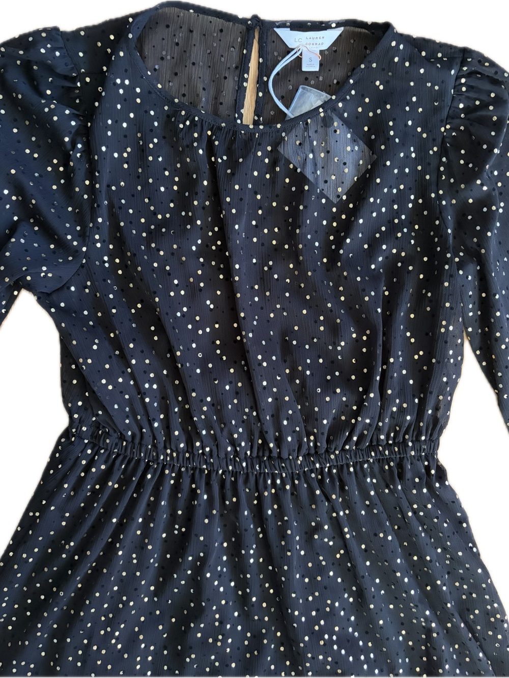 LC Lauren Conrad Black Midi Dress with Gold Polka Dot Print